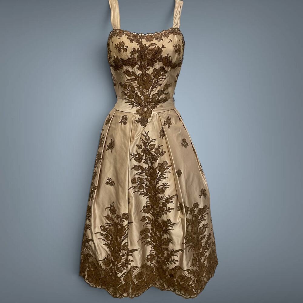 Vintage 1950s Ceil Chapman Champagne Satin Brown Lace Cocktail Party Dress Small